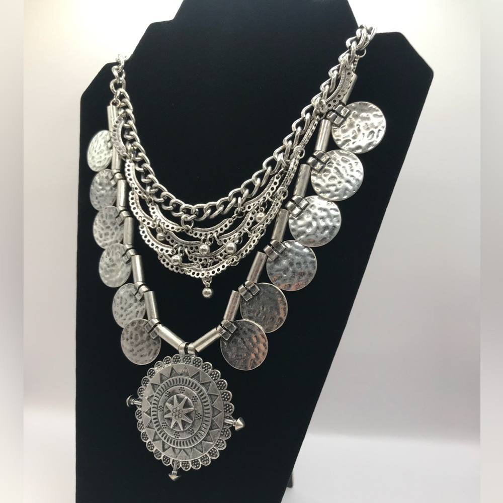 Antique Silver-Tone Multi Layered Statement Neckl… - image 4